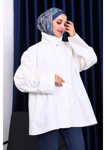 Ekru Düğmeli Astarlı Gabardin Ceket