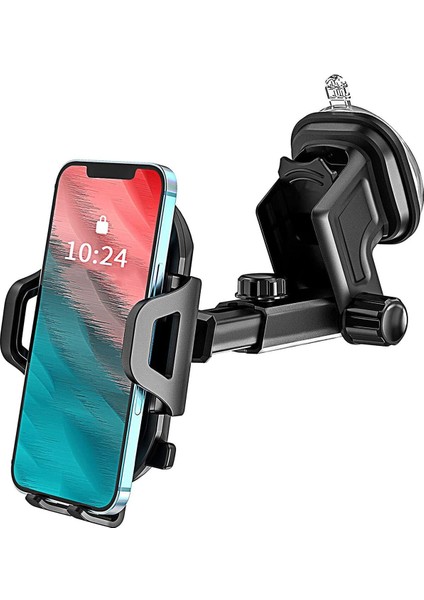 Oto Cama Yapışan Akrobat Telefon Tutucu Torpido Üstü Vantuzlu Araç Içi Tutacağı Siyah Cam Cn