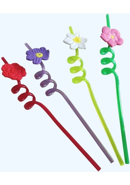 Plastik Çiçek Figürlü Pipet 4’lü Set – Renkli ve Dekoratif