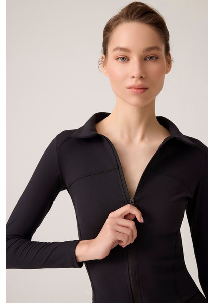 x Ece Siyah Fermuarlı Spor Ceket Collared