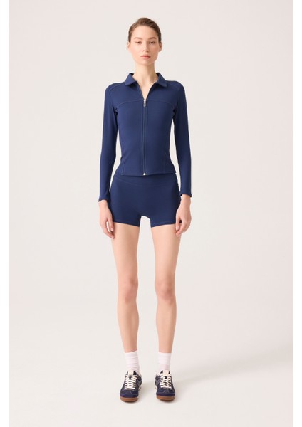 x Ece Lacivert Fermuarlı Spor Ceket Collared