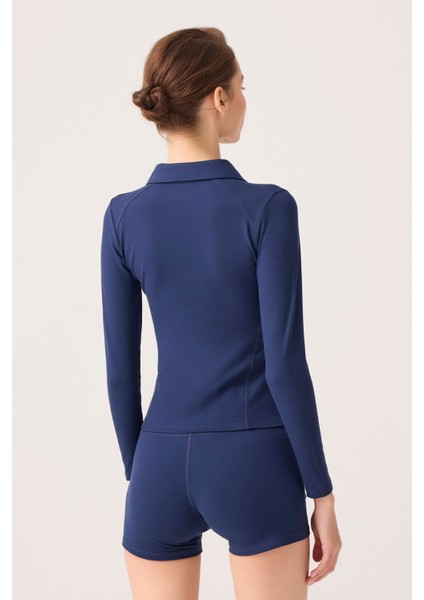 x Ece Lacivert Fermuarlı Spor Ceket Collared