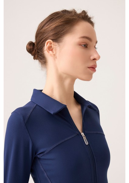 x Ece Lacivert Fermuarlı Spor Ceket Collared