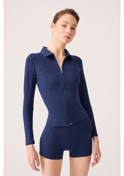 x Ece Lacivert Fermuarlı Spor Ceket Collared