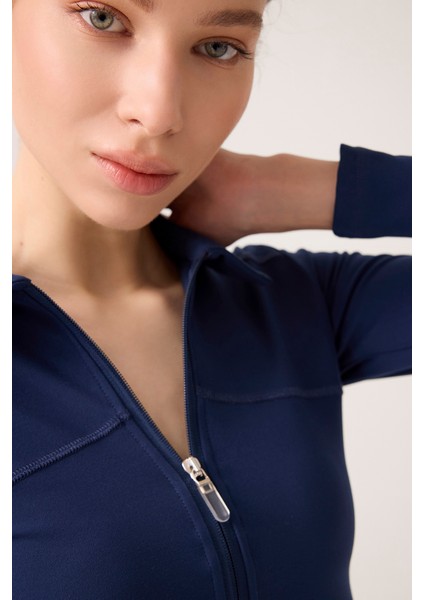 x Ece Lacivert Fermuarlı Spor Ceket Collared