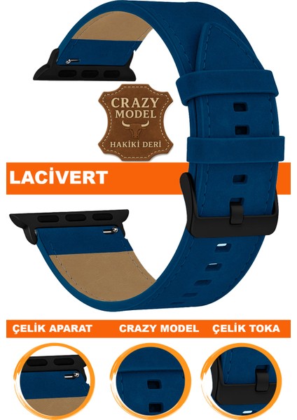 apple watch 1/2/3/4/5/6/se/7/8/9 (38-40-41mm) seri 10 /11 (42mm) uyumlu crazy deri saat kordonu kayışı l10hwc-lacıvert-black