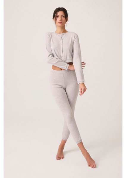 x Ece Gri Melanj Petek Dokulu Düğmeli Pijama Takımı Pointelle Pj