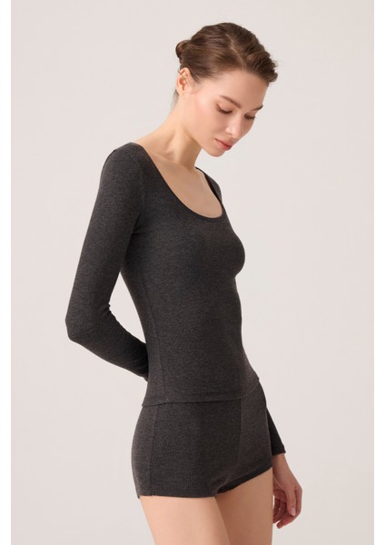 x Ece Antrasit Modal Kumaşlı Uzun Kollu Şortlu Pijama Takımı Ribbed Pj
