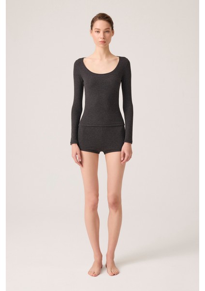 x Ece Antrasit Modal Kumaşlı Uzun Kollu Şortlu Pijama Takımı Ribbed Pj