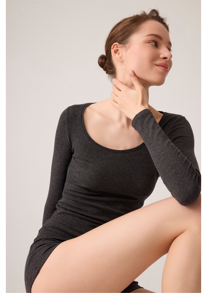 x Ece Antrasit Modal Kumaşlı Uzun Kollu Şortlu Pijama Takımı Ribbed Pj