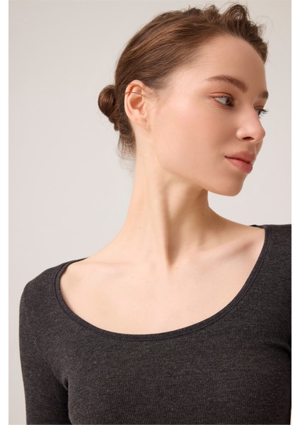 x Ece Antrasit Modal Kumaşlı Uzun Kollu Şortlu Pijama Takımı Ribbed Pj