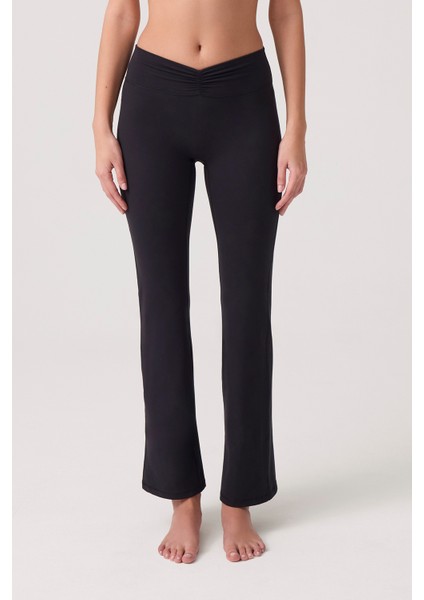 x Ece Siyah Bel Detaylı Ispanyol Paça Pantolon Ruched & Flared