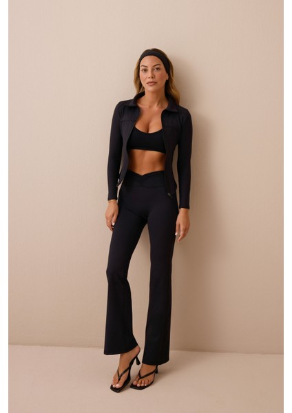 x Ece Siyah Bel Detaylı Ispanyol Paça Pantolon Ruched & Flared