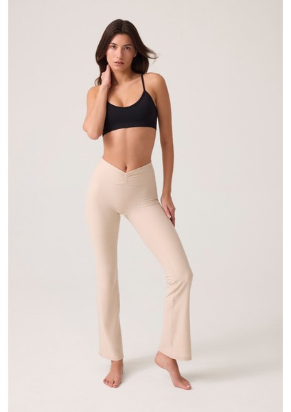 x Ece Bej Melanj Bel Detaylı Ispanyol Paça Pantolon Ruched & Flared