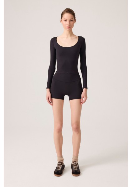 x Ece Siyah Uzun Kollu U Yaka Spor Bluz Scoop Neck Top