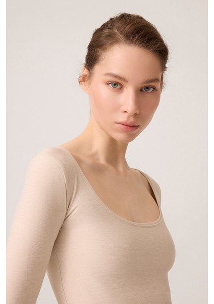 x Ece Bej Melanj Uzun Kollu U Yaka Spor Bluz Scoop Neck Top