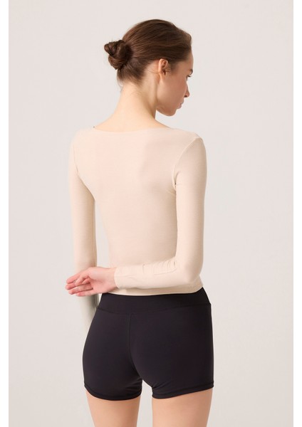 x Ece Bej Melanj Uzun Kollu U Yaka Spor Bluz Scoop Neck Top