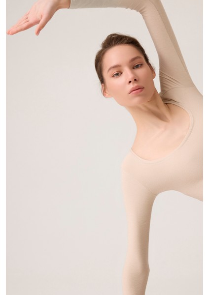 x Ece Bej Melanj Uzun Kollu U Yaka Spor Bluz Scoop Neck Top