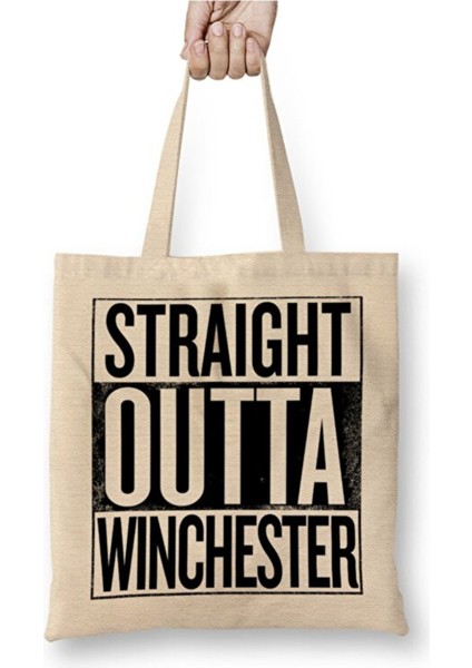 Straight Outta Winchester Supernatural Beyaz Bez Çanta Uzun Saplı Alışveriş Çantası Plaj Çantası