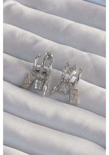 Pirinç Gümüş Renk Zirkon Taşlı Çoklu Aksesuarlı Yarım Halka Kaburga Küpe - Lisinya