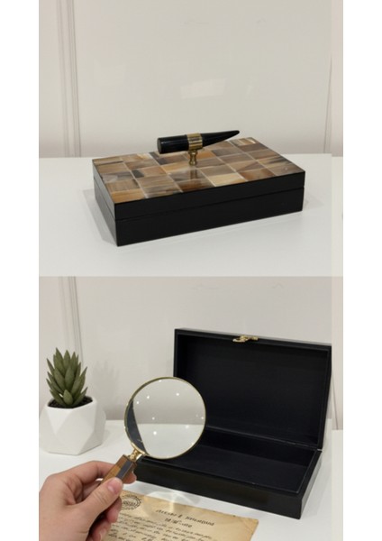 Asil Kahve: Doğal Agat Desenli Kutu ve Klasik Büyüteç Seti