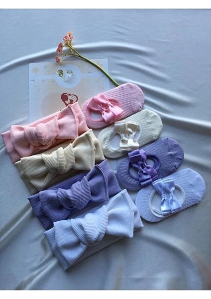 8'li Kombin El Yapımı Kız Bebek Bandana & Babet Çorap