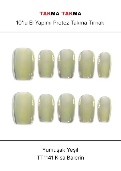 10'lu Yeşil Kısa Balerin TT1141 Tekrar Kullanılabilir El Yapımı Protez Takma Tırnak - Yeşil-XS