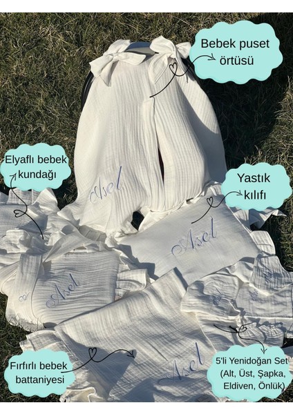 Isime Özel Nakışlı Dört Kat Müslin 9'lu Hastane Çıkış Seti