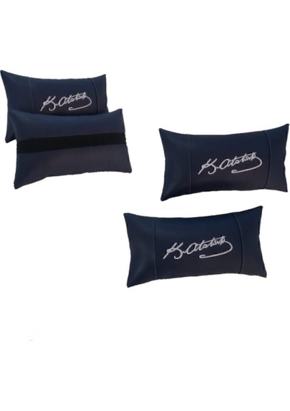 Atatürk Imza 2'li Set Lacivert Deri Oto Koltuk Boyun Yastığı Araba Araç Seyahat Koltuk Yastık Suni D