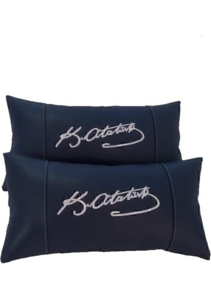 Atatürk Imza 2'li Set Lacivert Deri Oto Koltuk Boyun Yastığı Araba Araç Seyahat Koltuk Yastık Suni D fiyatları