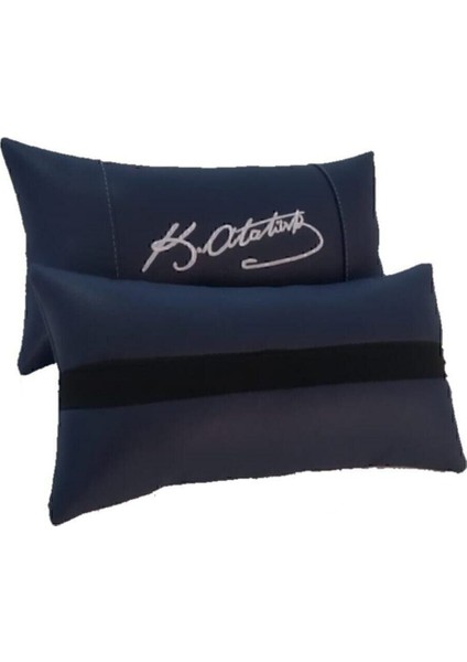 Atatürk Imza 2'li Set Lacivert Deri Oto Koltuk Boyun Yastığı Araba Araç Seyahat Koltuk Yastık Suni D modelleri