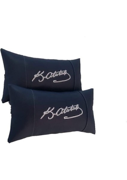 Atatürk Imza 2'li Set Lacivert Deri Oto Koltuk Boyun Yastığı Araba Araç Seyahat Koltuk Yastık Suni D fırsatları