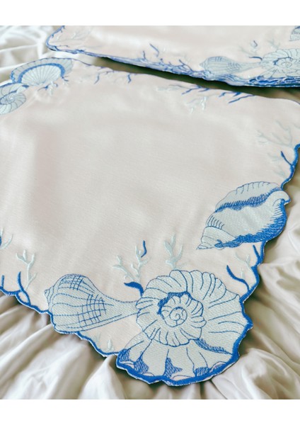 Deniz Temalı Mavi Kabuk ve Mercan Desenli Nakışlı Amerikan Servis 6'lı