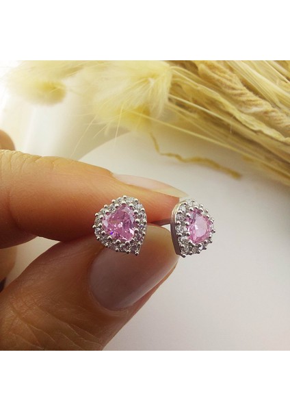 925 Ayar Gümüş Pembe Taşlı Kalp Küpe