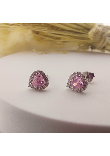 925 Ayar Gümüş Pembe Taşlı Kalp Küpe modelleri