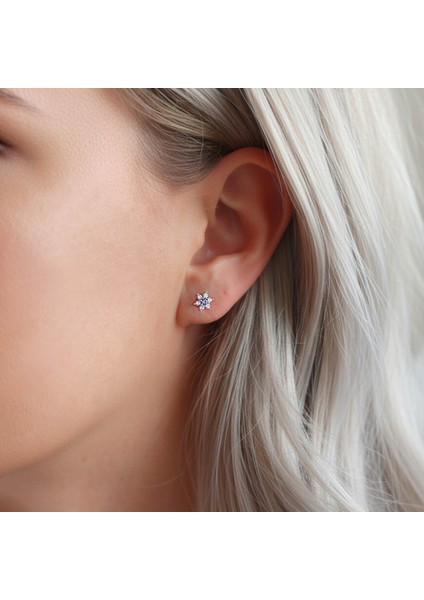 925 Ayar Gümüş Mor Taşlı Minimal Lotus Küpe