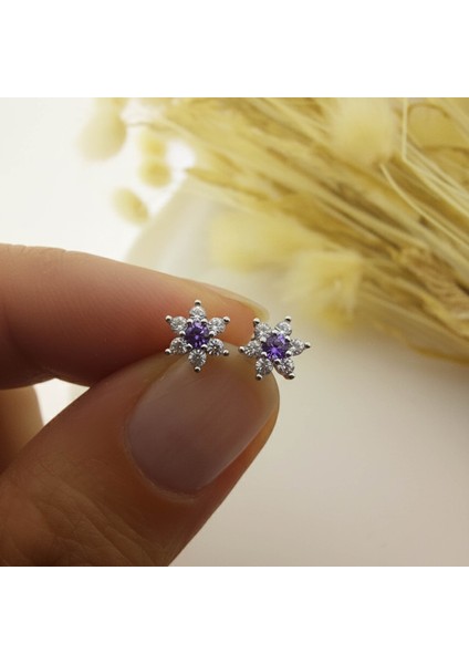 925 Ayar Gümüş Mor Taşlı Minimal Lotus Küpe fiyatları