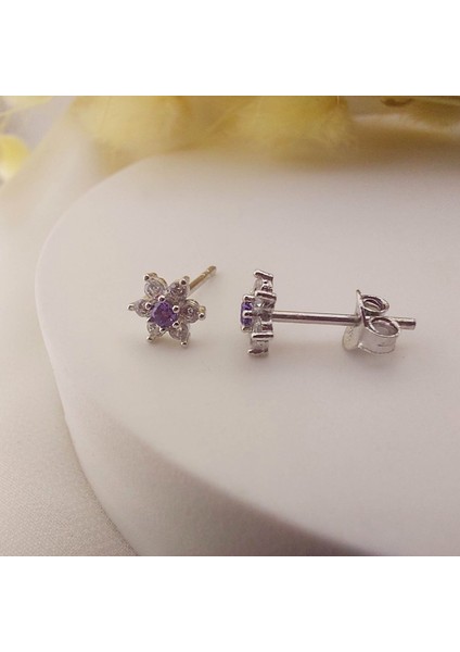 925 Ayar Gümüş Mor Taşlı Minimal Lotus Küpe modelleri