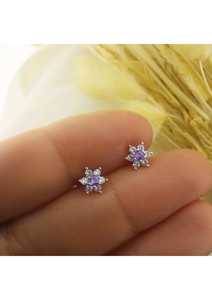 925 Ayar Gümüş Mor Taşlı Minimal Lotus Küpe indirimleri