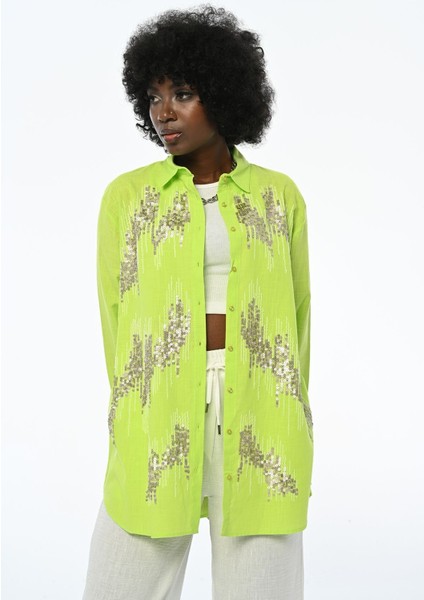 Kadın Payetli Oversıze Kesim Gömlek