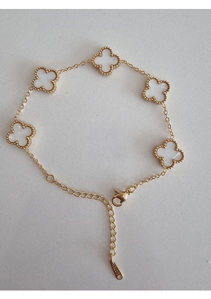 Beşli Beyaz Dört Yapraklı Şans Yoncası Çelik Kadın Bileklik-Altın Kaplama, Çift Yönlü Tasarım indirimleri