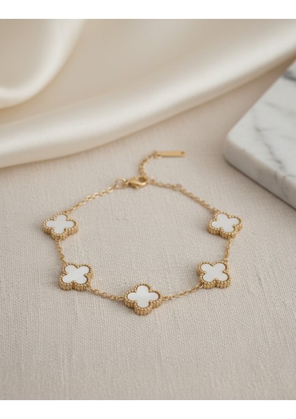 Beşli Beyaz Dört Yapraklı Şans Yoncası Çelik Kadın Bileklik-Altın Kaplama, Çift Yönlü Tasarım modelleri