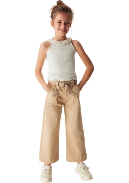 Kız Çocuk Kemerli Bol Paça Pantolon 54707 Taş Rengi