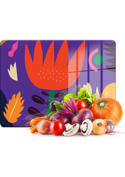 Cam Kesme Tahtası ve Sunumluk Mor Lale Desenli 30x40 Cm