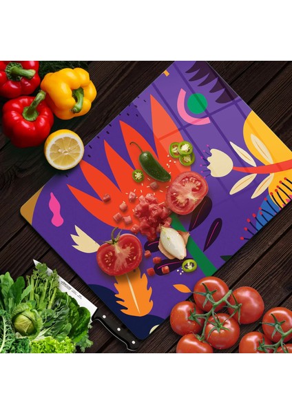 Cam Kesme Tahtası ve Sunumluk Mor Lale Desenli 30x40 Cm