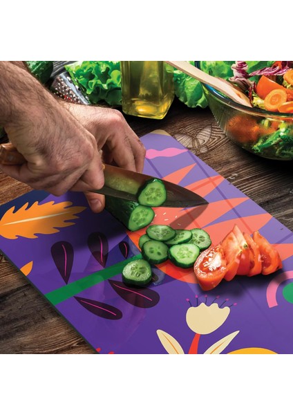 Cam Kesme Tahtası ve Sunumluk Mor Lale Desenli 30x40 Cm