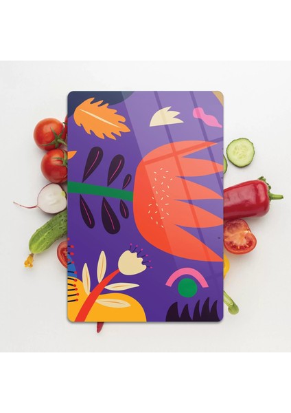 Cam Kesme Tahtası ve Sunumluk Mor Lale Desenli 30x40 Cm