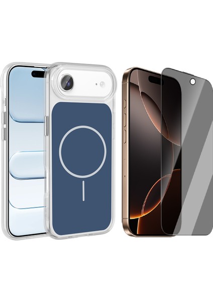 Apple iPhone 17 Air Kılıf M-Safe Şarj Özellikli Metal Buton Tasarımlı Zore Ikonik Sert Silikon Kapak + Hayalet Ekran Koruyucu