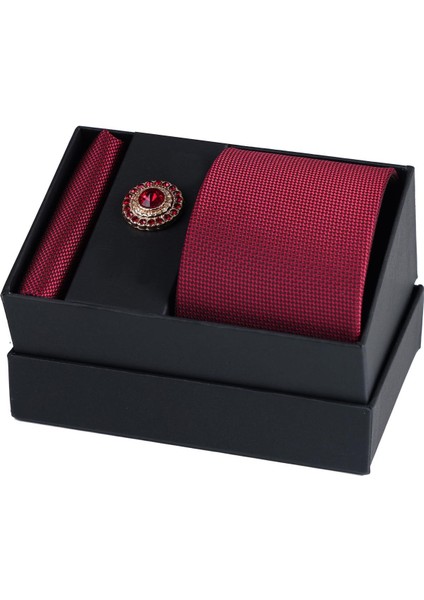 Hand Made Bordo Kravat & Mendil & Gold Renk K.kırmzı Taşlı Yaka Broşu Hediye Seti