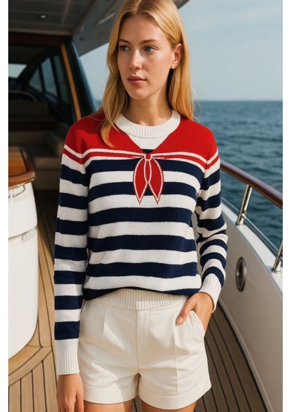 Kadın Denizci Çizgili Triko Kazak|Lacivert&Beyaz Çizgili–Standart(40 Bedene Kadar Uyumlu)